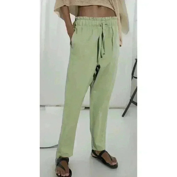 Zara Womens Size Medium Olive Green Paperbag High Rise Drawstring Pants - Picture 1 of 7